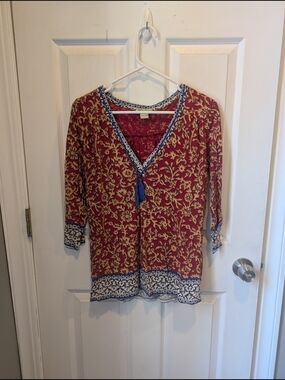 Lucky Brand Red Floral V-Neck Tunic with Navy Trim